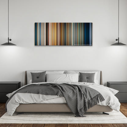 Titanic color palette canvas above a bed, between two black pendant lamps