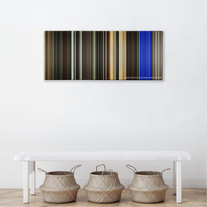 Running Scared color palette canvas above a white bench with three woven baskets