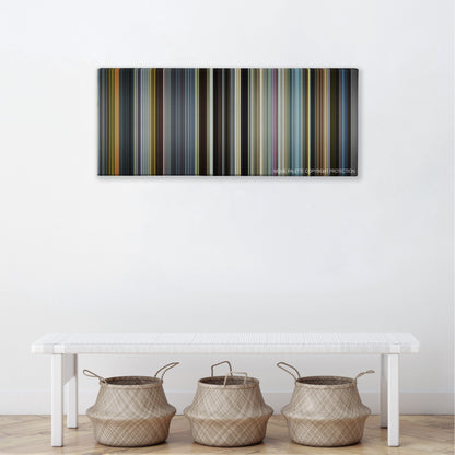 The Counselor color palette canvas above a white bench with three woven baskets