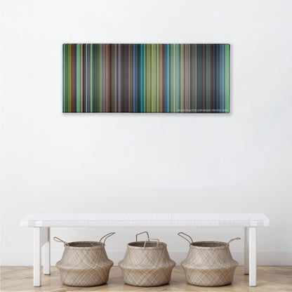 Princess Mononoke color palette canvas above a white bench with three woven baskets
