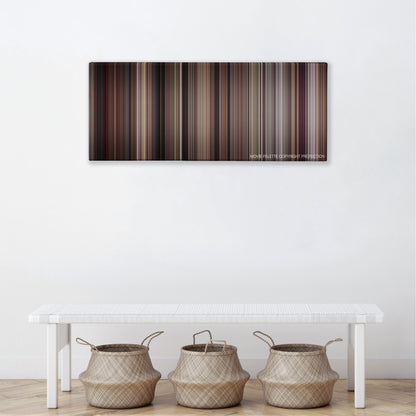 The Man with the Golden Gun color palette canvas above a white bench with three woven baskets