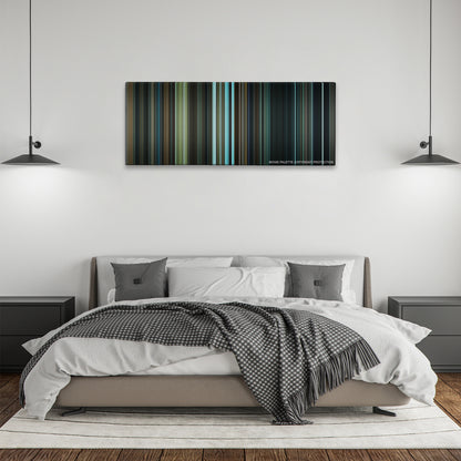 Harry Potter and the Prisoner of Azkaban color palette canvas above a bed, between two black pendant lamps