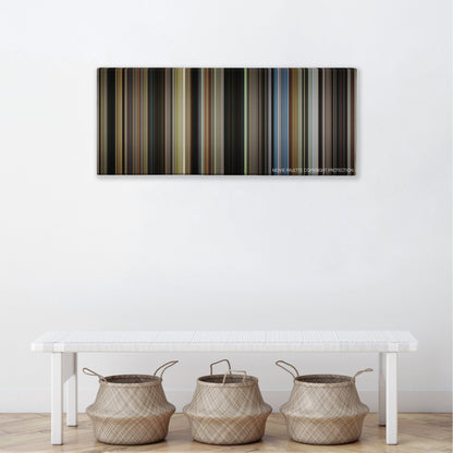 St. Vincent color palette canvas above a white bench with three woven baskets