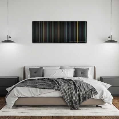 Harry Potter and the Deathly Hallows: Part 1 color palette canvas above a bed, between two black pendant lamps