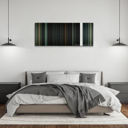 Harry Potter and the Deathly Hallows: Part 2 color palette canvas above a bed, between two black pendant lamps
