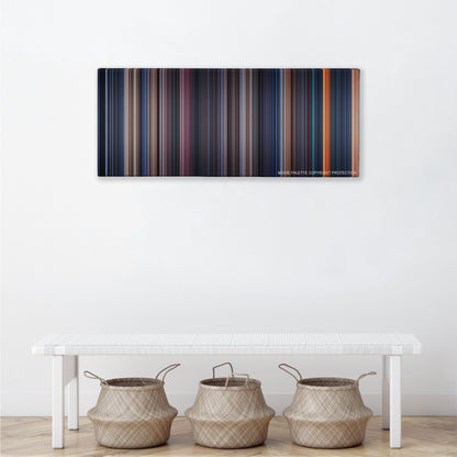 The Terminator color palette canvas above a white bench with three woven baskets