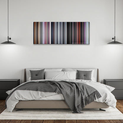 2001: A Space Odyssey color palette canvas above a bed, between two black pendant lamps
