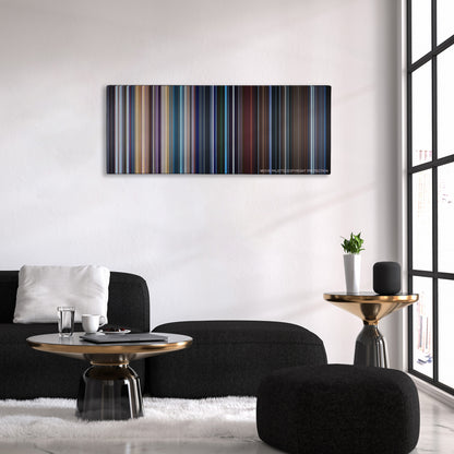 Valerian and the City of a Thousand Planets color palette canvas above a black sofa with a gold-topped table