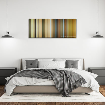 Ip Man 2 color palette canvas above a bed, between two black pendant lamps
