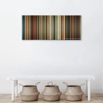 Never Back Down color palette canvas above a white bench with three woven baskets