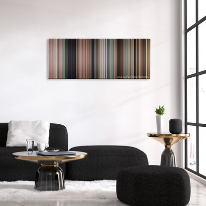The Final Destination color palette canvas above a black sofa with a gold-topped table