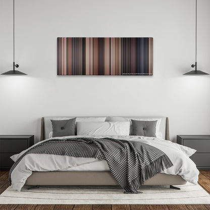 Back to the Future color palette canvas above a bed, between two black pendant lamps