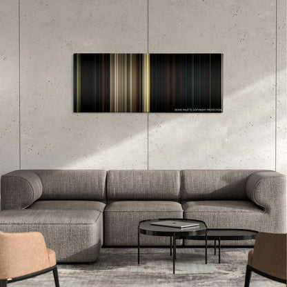 Friday the 13th color palette canvas on a concrete wall above a gray sectional sofa
