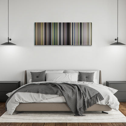Forrest Gump color palette canvas above a bed, between two black pendant lamps