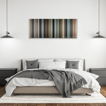 The Interpreter color palette canvas above a bed, between two black pendant lamps