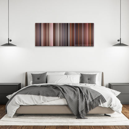 Naked Gun 33 1/3: The Final Insult color palette canvas above a bed, between two black pendant lamps