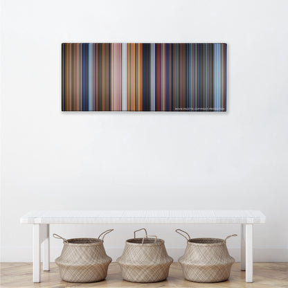 Pinocchio color palette canvas above a white bench with three woven baskets