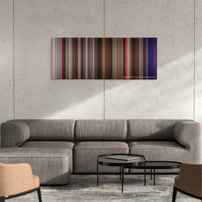 Music and Lyrics color palette canvas on a concrete wall above a gray sectional sofa