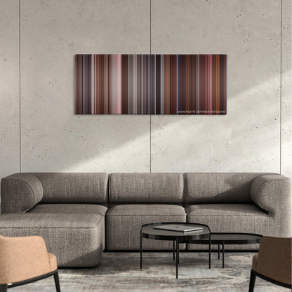 Naked Gun 33 1/3: The Final Insult color palette canvas on a concrete wall above a gray sectional sofa