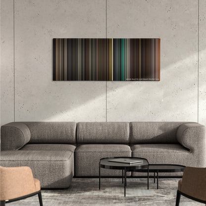 Alien: Resurrection color palette canvas on a concrete wall above a gray sectional sofa