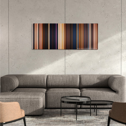 Aladdin color palette canvas on a concrete wall above a gray sectional sofa