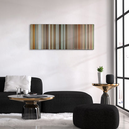 The Invention of Lying color palette canvas above a black sofa with a gold-topped table