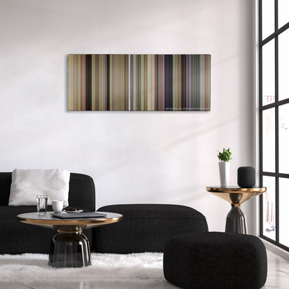 Dumb and Dumber To color palette canvas above a black sofa with a gold-topped table
