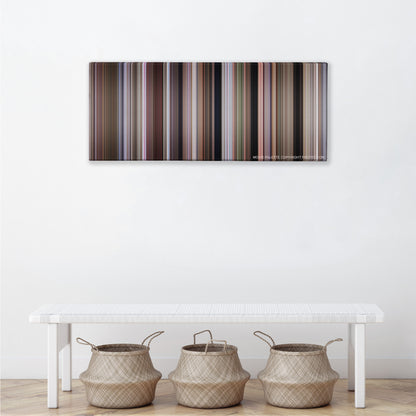 Dr. No color palette canvas above a white bench with three woven baskets