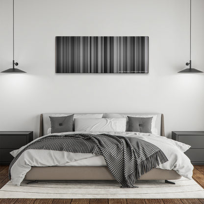 Schindler's List color palette canvas above a bed, between two black pendant lamps