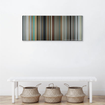 Mr. Nobody color palette canvas above a white bench with three woven baskets