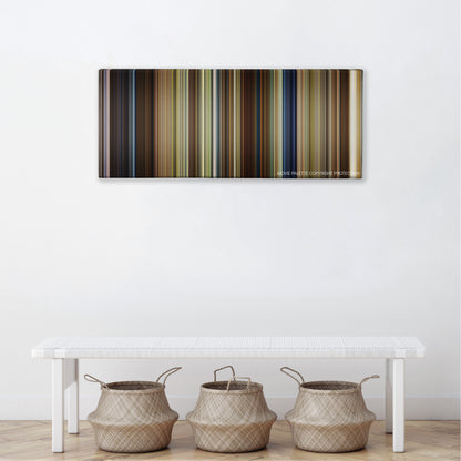 Leap Year color palette canvas above a white bench with three woven baskets