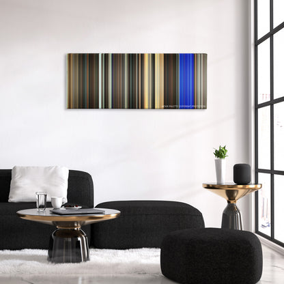 Running Scared color palette canvas above a black sofa with a gold-topped table