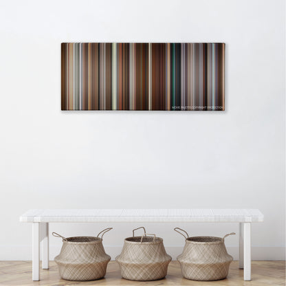 Long Shot color palette canvas above a white bench with three woven baskets