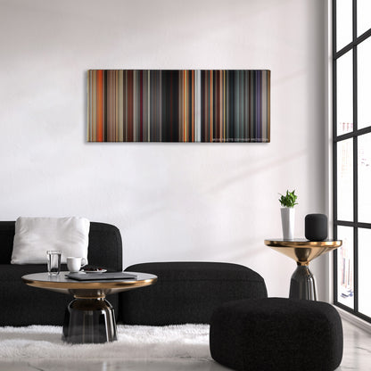 Divergent color palette canvas above a black sofa with a gold-topped table