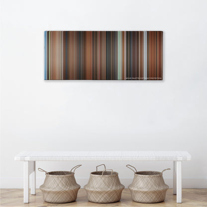 Mr. Deeds color palette canvas above a white bench with three woven baskets