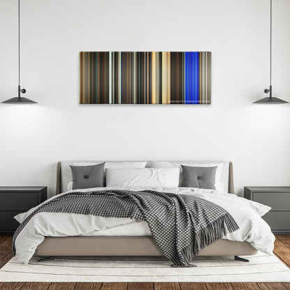 Running Scared color palette canvas above a bed, between two black pendant lamps