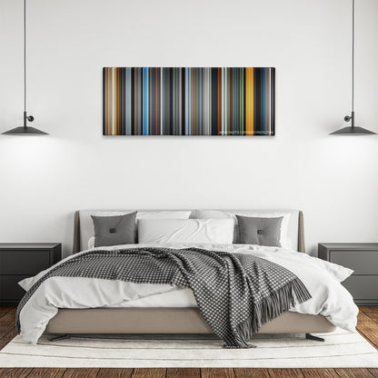 The Motorcycle Diaries color palette canvas above a bed, between two black pendant lamps