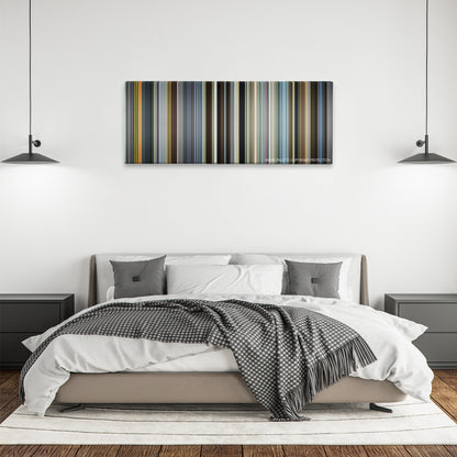 The Counselor color palette canvas above a bed, between two black pendant lamps