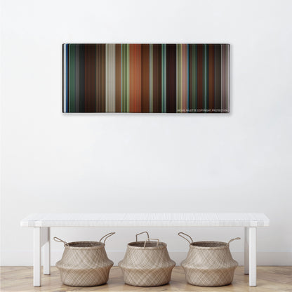 Garden State color palette canvas above a white bench with three woven baskets