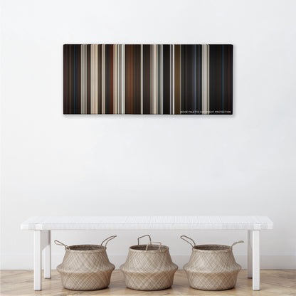 Dogville color palette canvas above a white bench with three woven baskets
