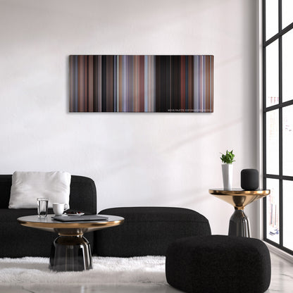 Planes, Trains & Automobiles color palette canvas above a black sofa with a gold-topped table