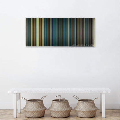Geostorm color palette canvas above a white bench with three woven baskets