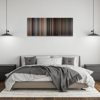 The Princess Bride color palette canvas above a bed, between two black pendant lamps