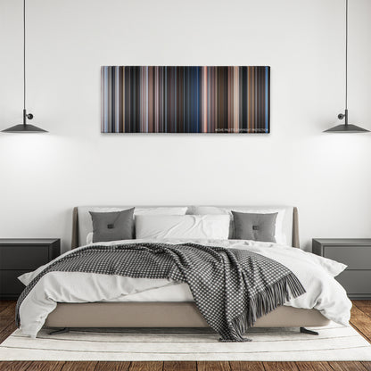 Tango & Cash color palette canvas above a bed, between two black pendant lamps