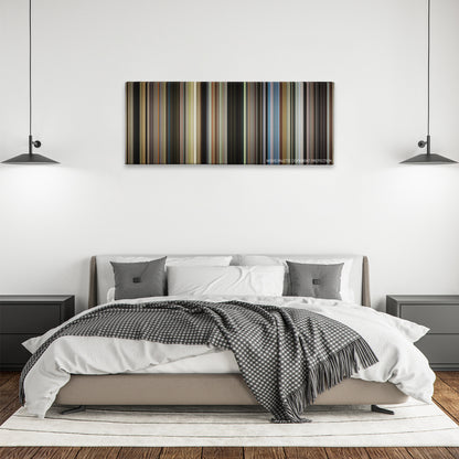 St. Vincent color palette canvas above a bed, between two black pendant lamps