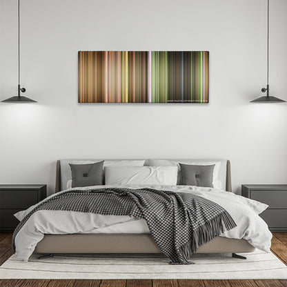 The Wizard of Oz color palette canvas above a bed, between two black pendant lamps