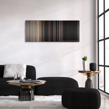 Dazed and Confused color palette canvas above a black sofa with a gold-topped table