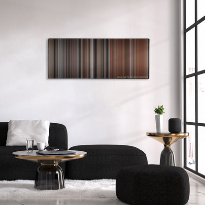 My Cousin Vinny color palette canvas above a black sofa with a gold-topped table