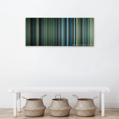 Defiance color palette canvas above a white bench with three woven baskets