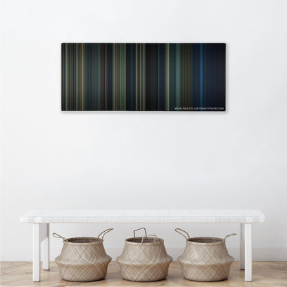 Into the Woods color palette canvas above a white bench with three woven baskets